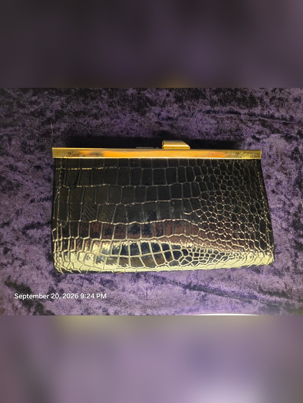 Black Croc-Embossed Frame Clutch with Gold Trim